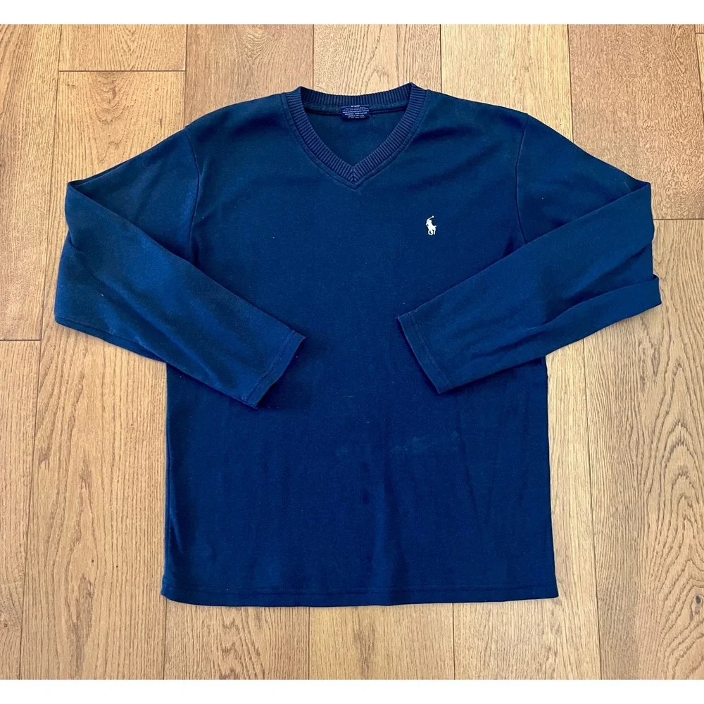 Vtg 90's Polo Ralph Lauren V-Neck Navy Long Sleeve Shirt Made in USA Size M